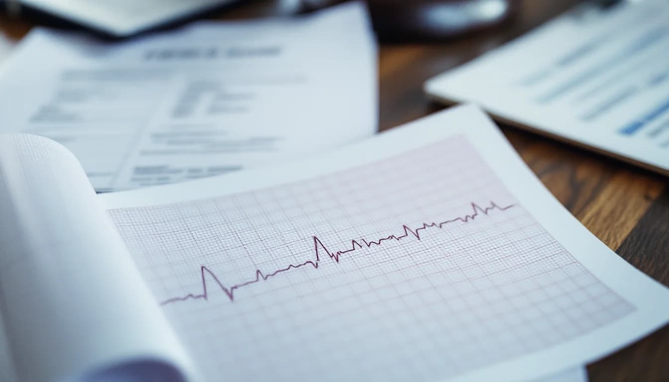 Curled EKG printout with subtle wave irregularities beside a patient intake form on an exam room desk, suggesting a missed cardiac diagnosis.
