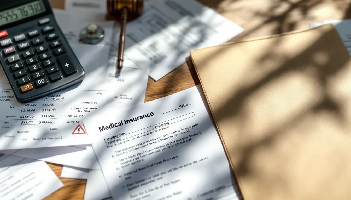Stacks of medical bills and insurance forms spread across a sunlit desk beside a calculator, suggesting the complex process of calculating injury compensation.