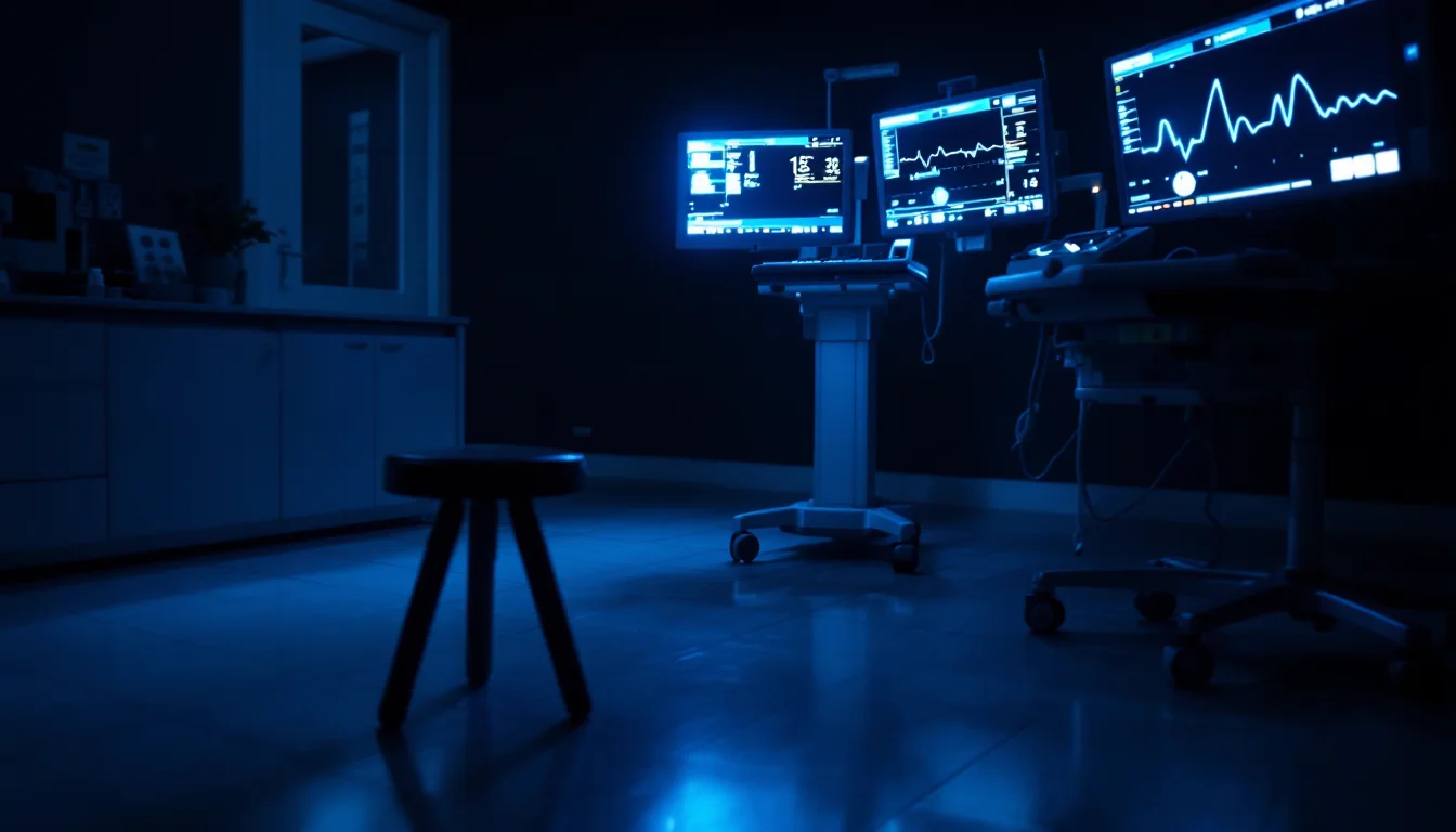 Glowing fetal monitor casting blue light across an empty delivery room, its trace line tracking an unattended rhythm in the dark.