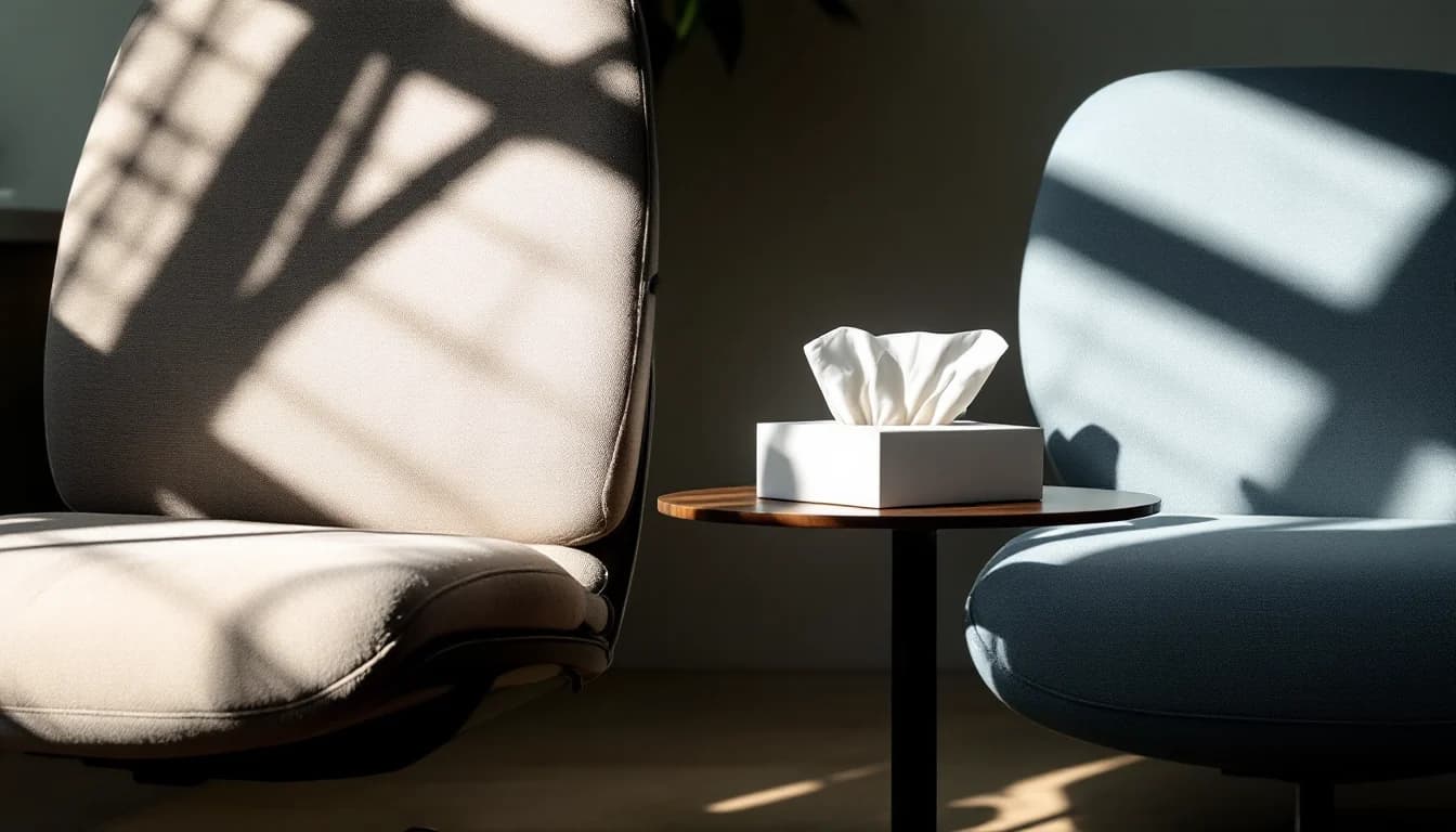 Two empty therapy chairs positioned intimately close together, armrests nearly touching, with tissues casting a long shadow in warm afternoon light.