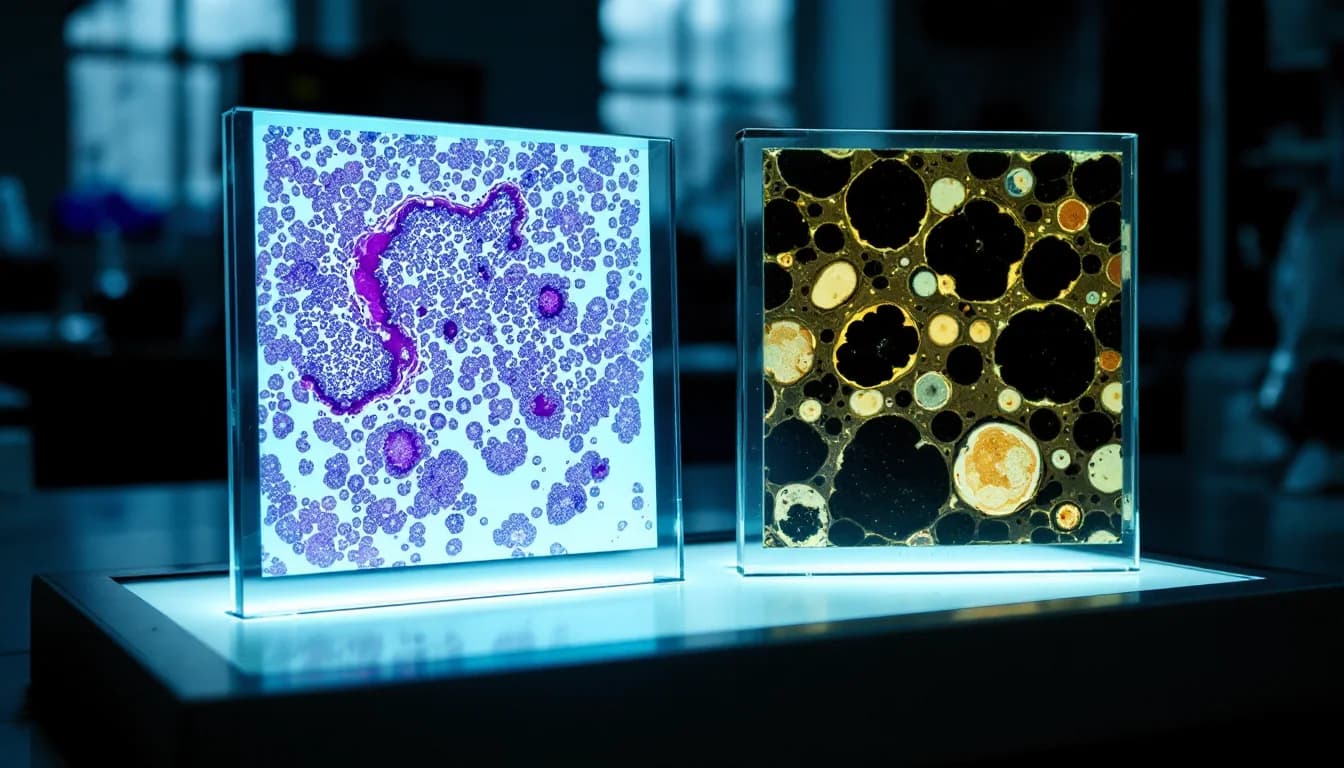 Glowing pathology slide on a lab light box, its cell structures sharply lit, beside a shadowed archived tissue sample suggesting overlooked evidence.