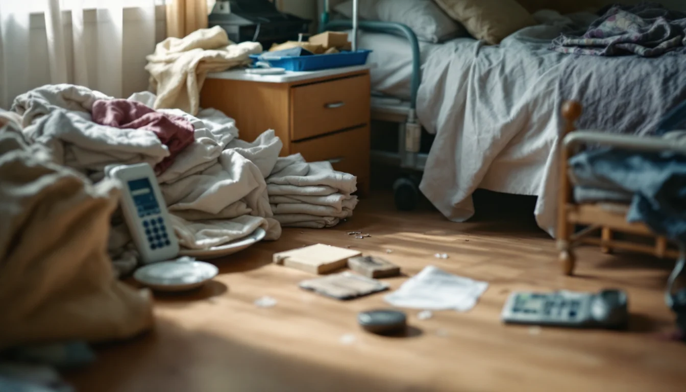 Neglected bedside table with untouched meal trays, soiled linens piled in a corner, and a call button lying out of reach on the floor.