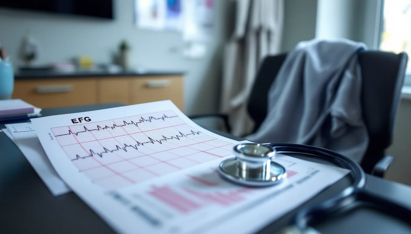 EKG printout with irregular waveforms left unread beside a closed patient chart and stethoscope in an empty exam room.