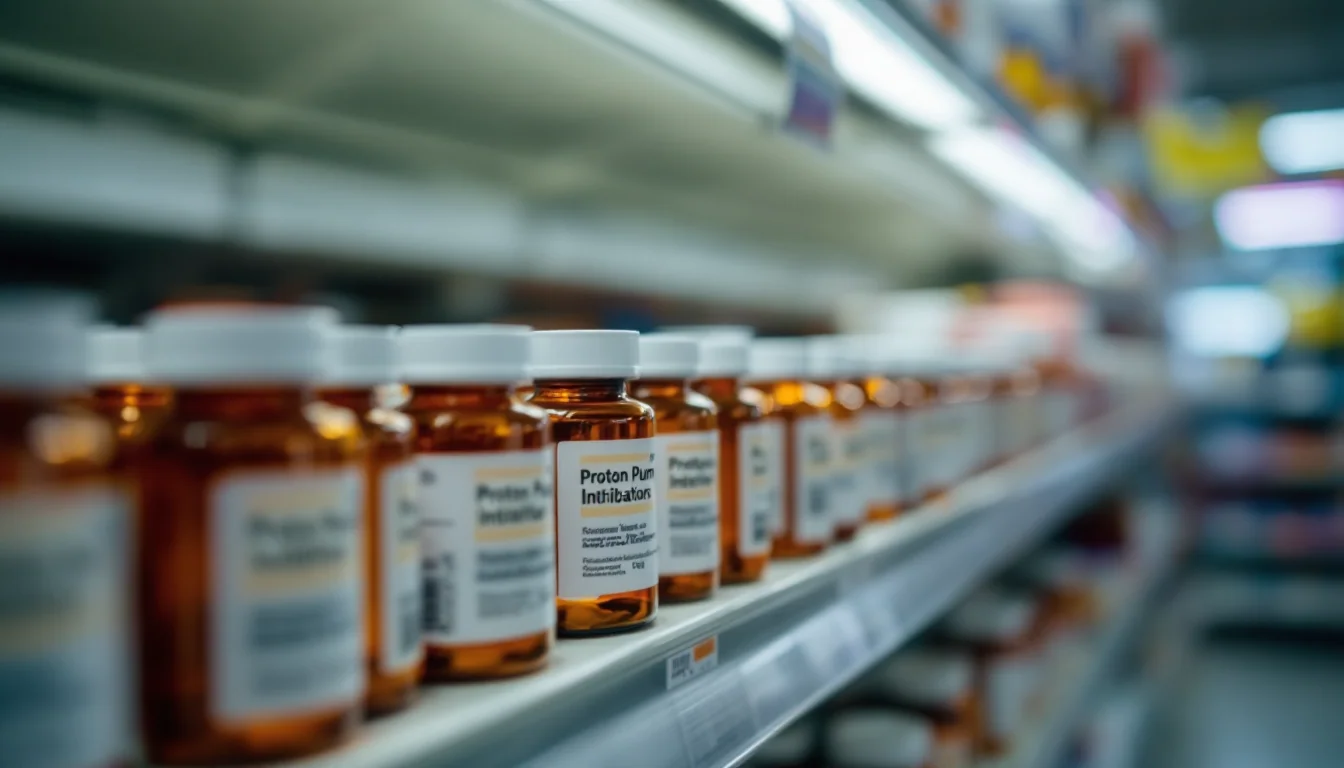 Rows of amber prescription bottles on a pharmacy shelf blur into the distance under cold fluorescent light, suggesting years of refills masking a deeper diagnosis.