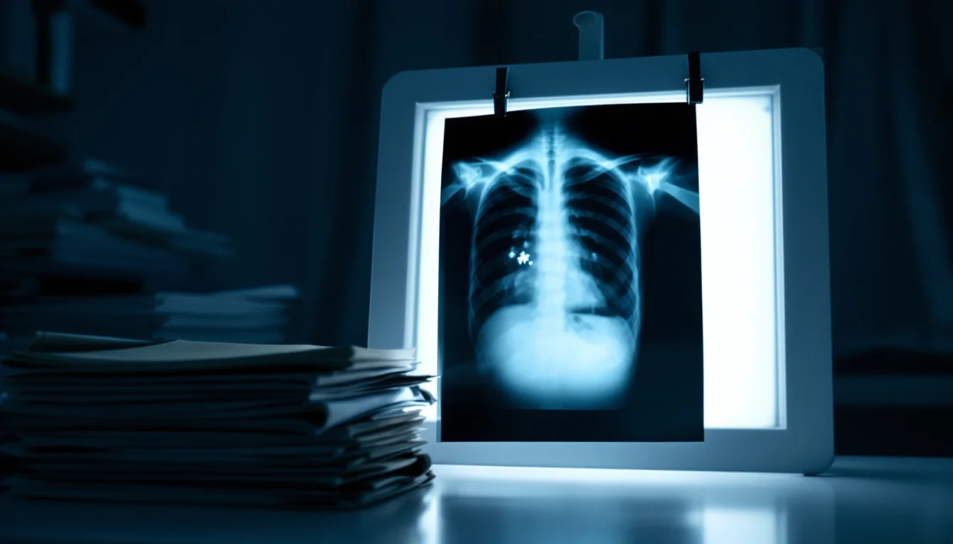 Chest X-ray on a dimly lit light box revealing a small lung nodule, partially hidden by a stack of unopened patient folders nearby.