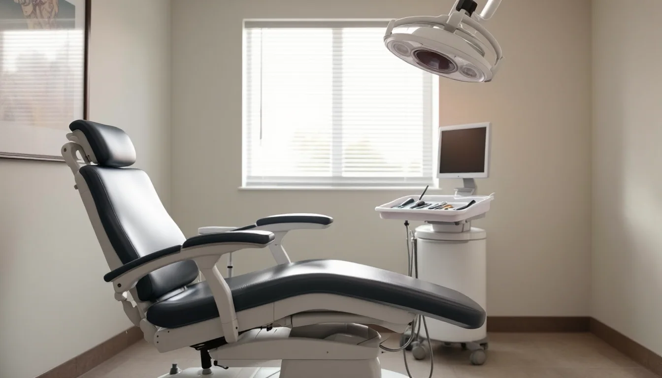 Empty gastroenterology procedure chair beside an untouched instrument tray, afternoon light filtering through half-closed blinds — a room waiting, unused.