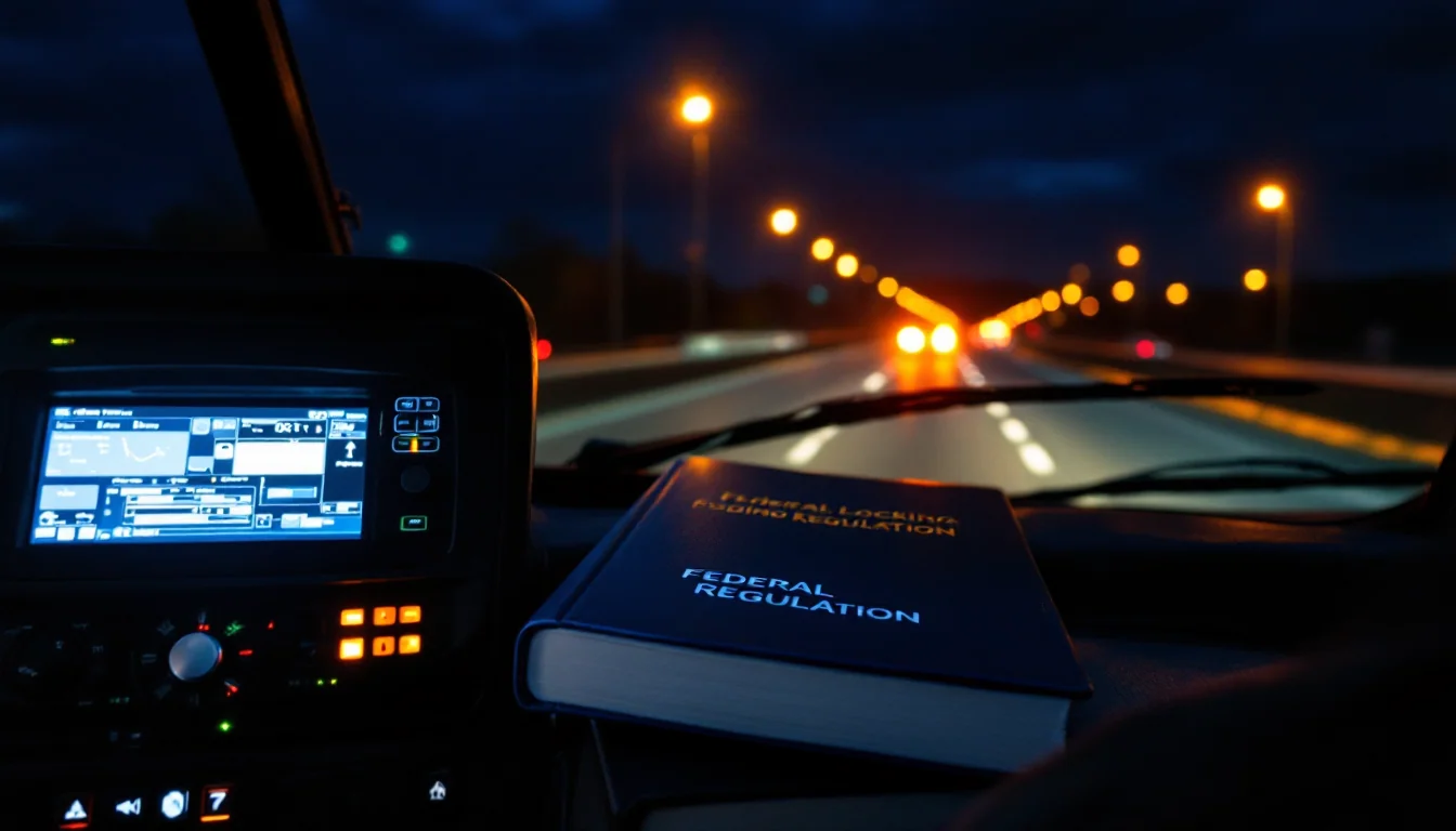 Glowing ELD screen illuminates a truck cab at night beside a federal regulations handbook, highway reflectors stretching ahead into darkness.
