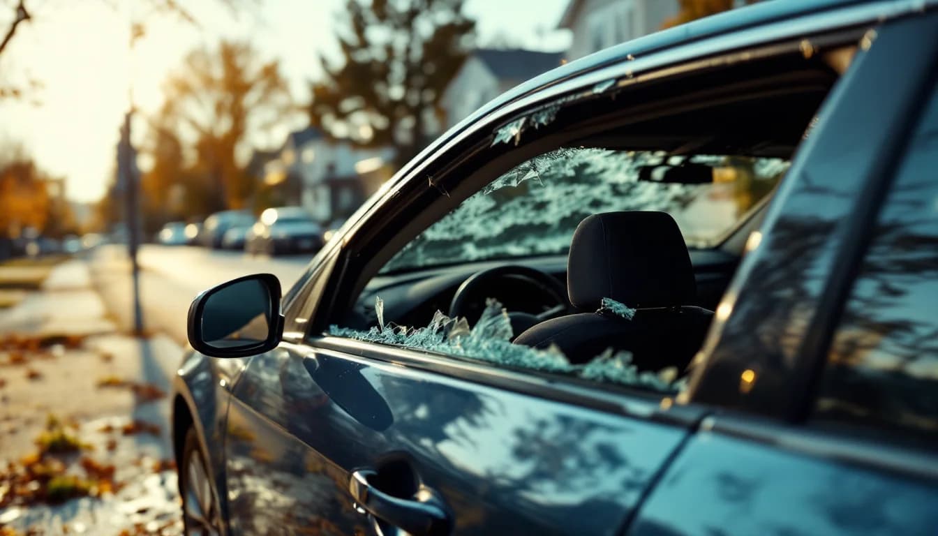 Shattered car window and open door on a quiet street, the driver's seat empty after a hit and run collision.