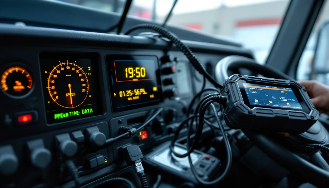 Close-up of a truck dashboard with glowing gauges and a digital screen showing speed and timestamp data, with diagnostic cables coiled nearby.