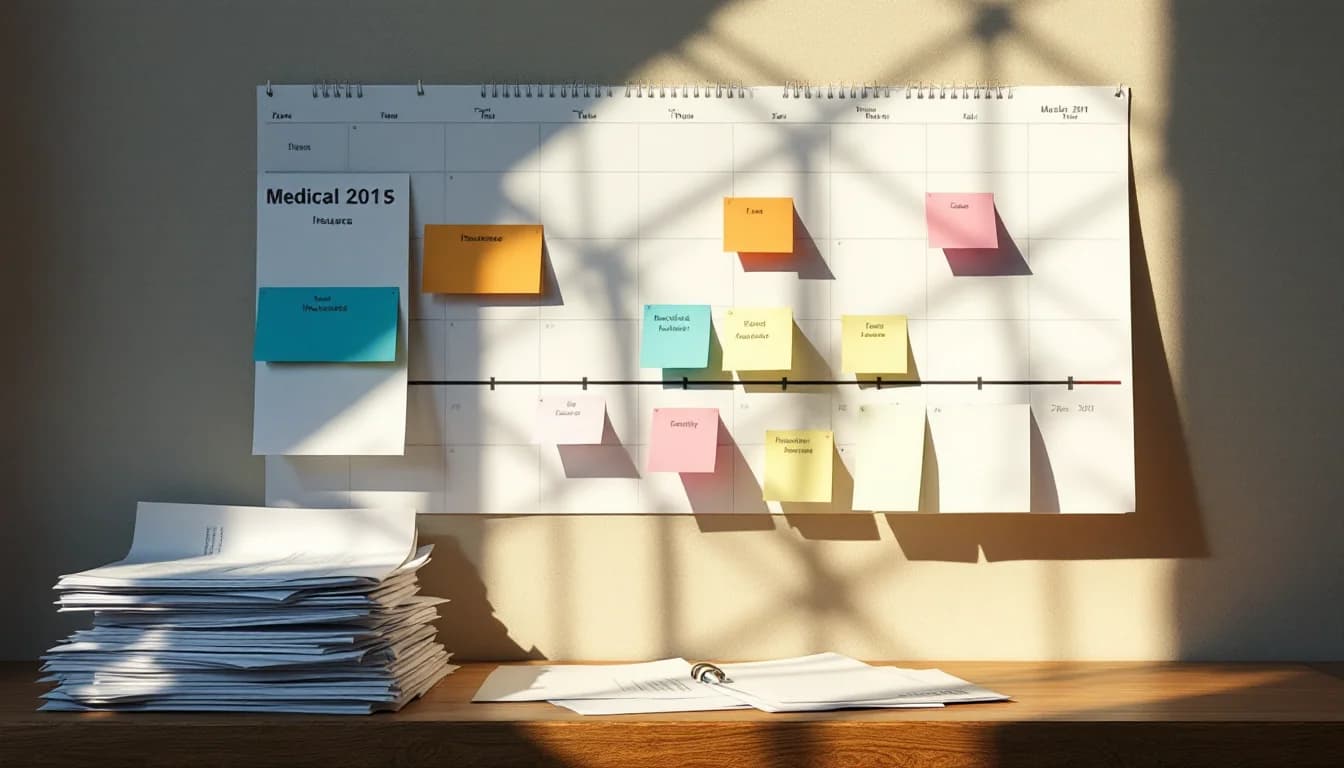 Calendar pages fanned open with colored tabs beside medical bills and insurance documents, suggesting the lengthy timeline of an Oregon injury claim.