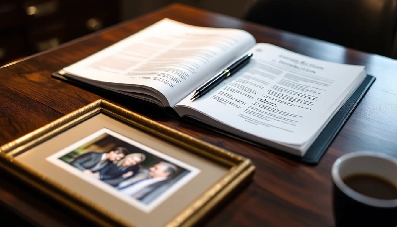 Estate folder and blank distribution forms on a mahogany desk, a face-down photograph and cold coffee hinting at grief and unfinished legal work.