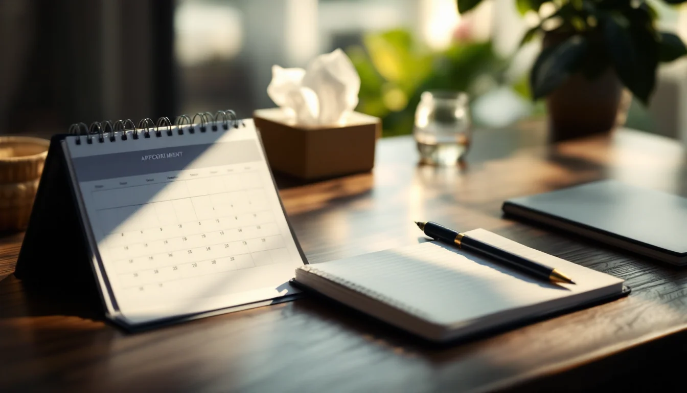 Therapist's desk with an open appointment calendar, closed notebook, and tissues in soft afternoon light, evoking the professional boundaries of a clinical setting.
