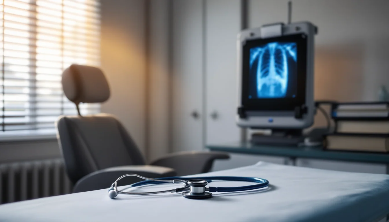 Stethoscope resting on an exam table beside a glowing chest X-ray, morning light casting quiet shadows through half-closed blinds.