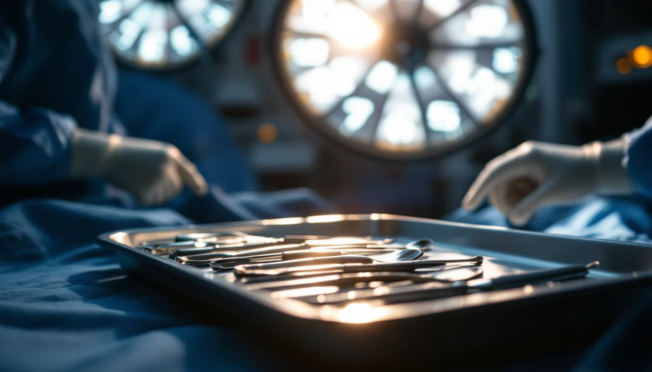Surgical instruments on a sterile tray under a harsh OR light, with a blurred clock overhead suggesting urgency in the operating room.