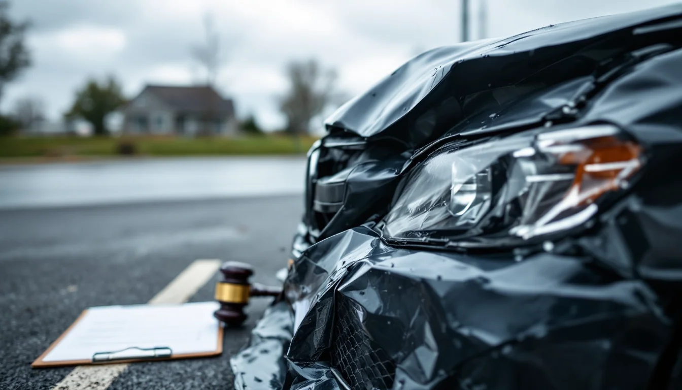 Crumpled hood and damaged bumper of a sedan being documented by an insurance adjuster under gray skies, evoking Oregon fault-based claim evaluations.