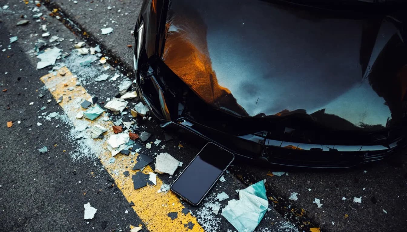 Crumpled hood and shattered headlight on an Oregon roadside, with a smartphone on the dashboard ready to document the crash scene for an insurance claim.