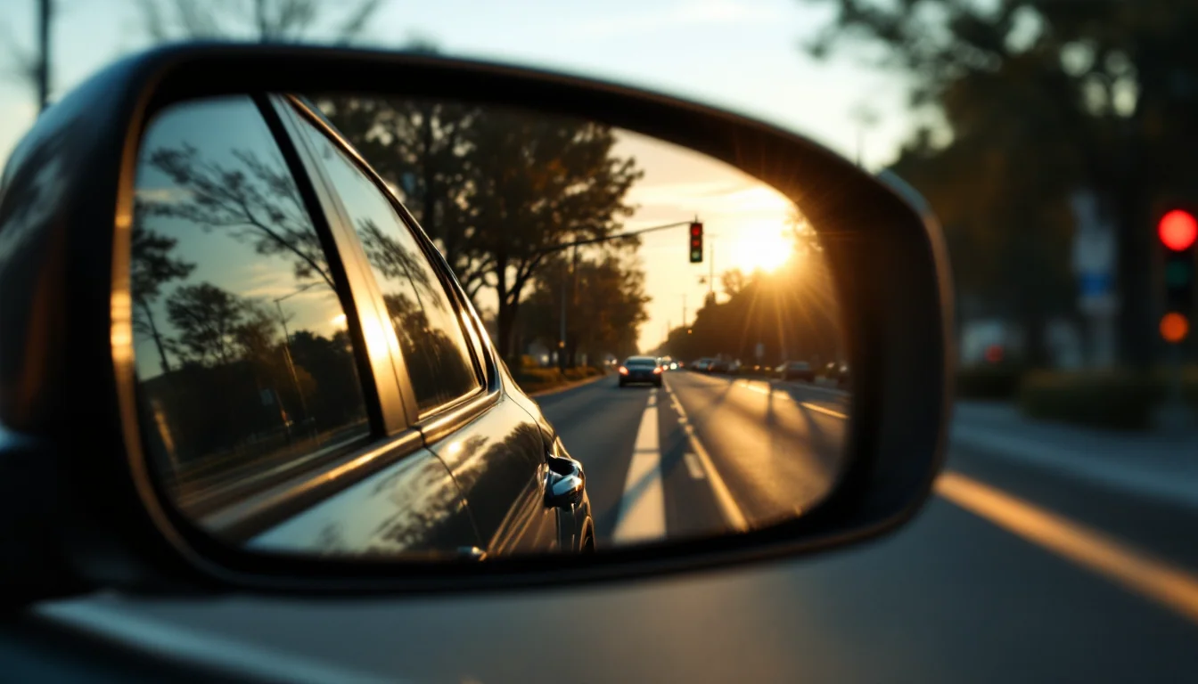 Rear-view mirror reflecting a quiet street and distant traffic light, late afternoon shadows stretching across a parked car's windshield.