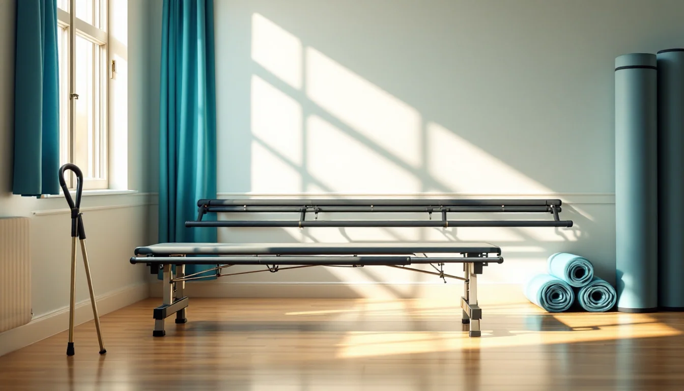 Empty parallel bars and a leaning cane in a sunlit therapy gym, suggesting the long recovery journey sepsis survivors face.