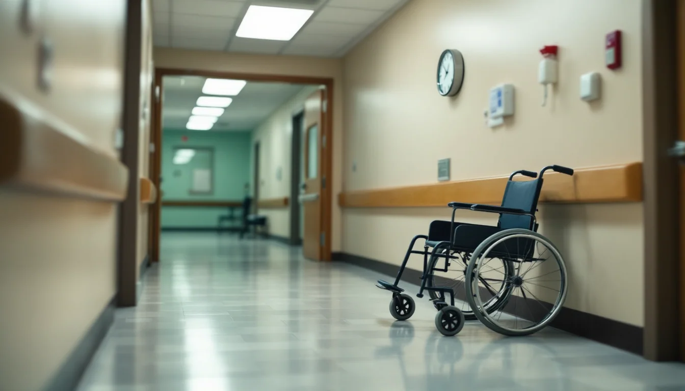 Empty hospital corridor with fluorescent lighting, a parked wheelchair beside an open exam room door, and a blurred clock on the wall above.