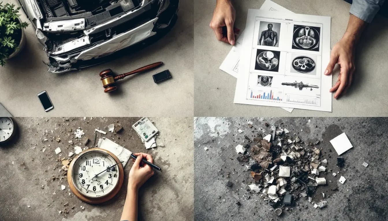 Four accident scene close-ups on a desk showing a crumpled bumper, medical chart, broken product part, and debris-strewn wet floor.