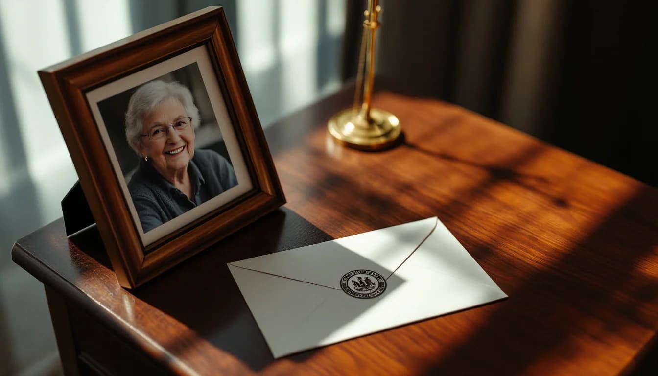 Framed family photo beside an unsealed official envelope on a mahogany table, morning light casting long shadows, evoking loss and legal proceedings.