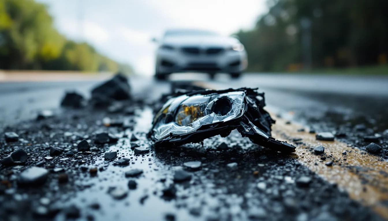 Crumpled front bumper and shattered headlight debris on asphalt beside a stopped car, the at-fault driver already gone from the scene.