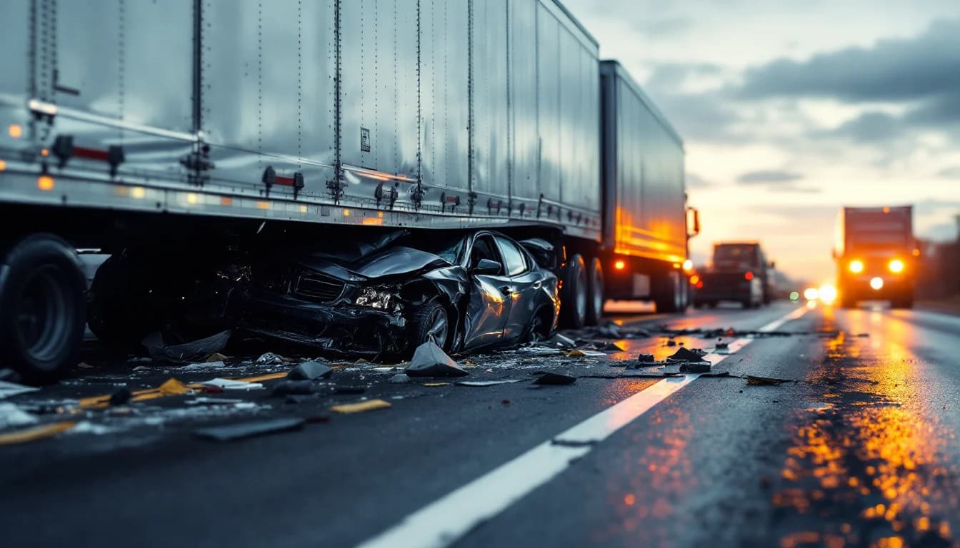 Crumpled sedan pinned under an overturned semi-truck trailer on a highway shoulder, emergency lights illuminating debris and skid marks.
