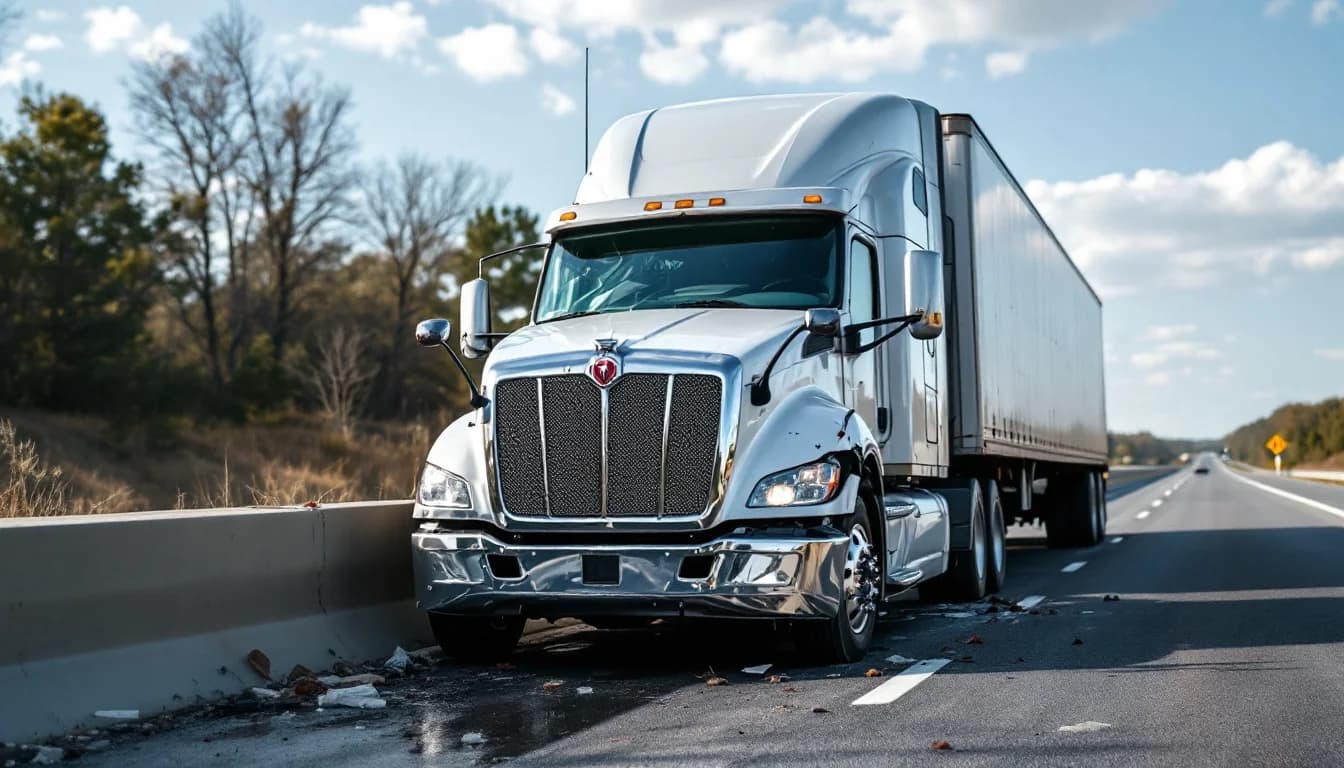 Jackknifed semi-truck with crumpled hood pressed into a highway guardrail, debris strewn across the asphalt shoulder under daylight skies.
