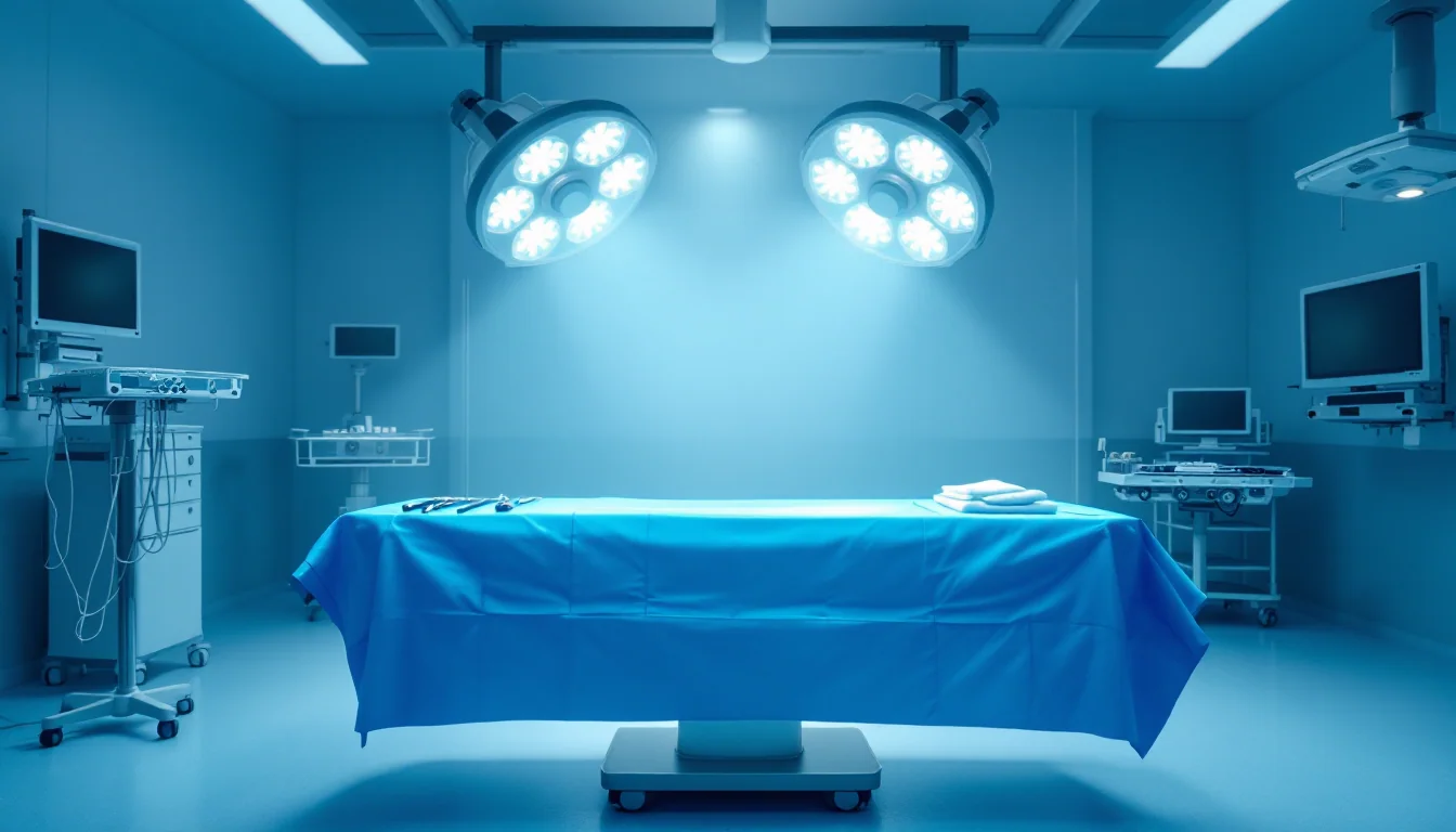 Empty operating table under harsh surgical lights with sterile drapes and arranged instruments, evoking the solemn precision required to prevent wrong-site surgery.